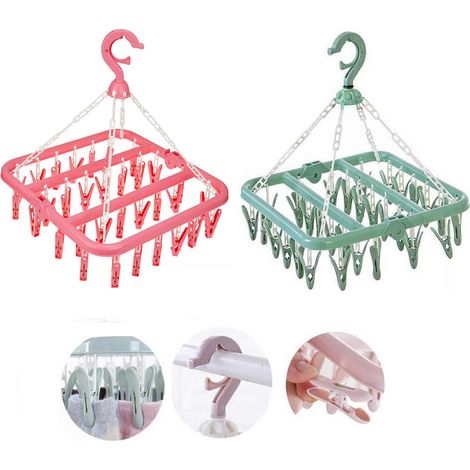 Cintre, Etendoir Chaussette, 2PCS Étendoir Plastique avec 32 Clips pour Chaussettes sous-vêtements Vêtements Serviettes(Rose,Vert) (1/5)