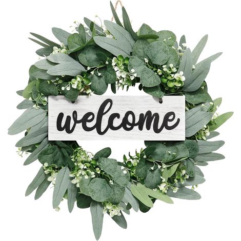 Couronne Verte avec Panneau de Bienvenue en Bois Couronne de Plantes artificielles de 18 po Couronne d'été pour décor de Jardin de Festival de Porte d'entrée Utilisation intérieure et extérieure (1/5)