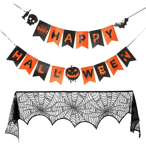 Nappe en dentelle d'Halloween, chemin de table rectangulaire à motif toile d'araignée, set de table noir, décoration de cheminée en forme de toile d'araignée (ensemble de 2 pièces) (1/5)