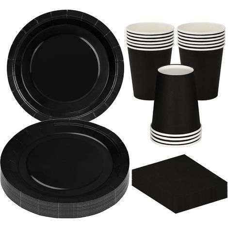 Vaisselle de Fête Noir 56 Pièces, Assiettes Gobelets et Serviettes en Papier pour 16 Invités, Ensemble de Vaisselle pour Anniversaire Mariage Baby Shower Barbecue Pique Niques (1/5)