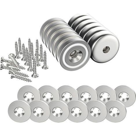12 aimants néodyme (N52), 20 × 7 mm, charge de traction 10 kg par pièce, avec trou fileté, boîtier de protection, base conique et vis incluses, + 12 rondelles en acier inoxydable (argenté) (1/5)