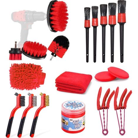 Kit de nettoyage auto, ensemble de 18 brosses de nettoyage, kit de nettoyage pour perceuse, brosse de nettoyage pour pneus - kit de lavage auto, brosse pour outils de nettoyage auto (1/4)