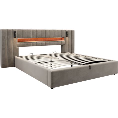 Cama canapé 180 x 200 cm de terciopelo gris con USB, LED y mesita de noche (1/5)