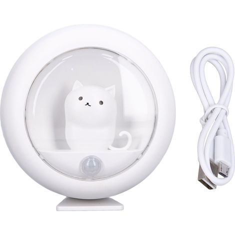 Veilleuse LED à détecteur de mouvement avec chat mignon, rechargeable par USB, blanche, créative pour armoire ou chambre.