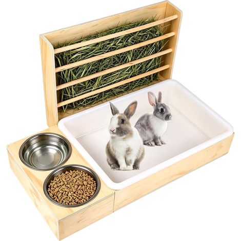 Mangeoire À Foin 3 en 1, Râtelier À Foin en Bois avec Bac À Litière Et Bols À Nourriture, 47 28 28cm Grand Râtelier À Foin, Distributeur De Foin pour Lapin pour Lapin, Hamster, Cochon d'Inde (1/5)