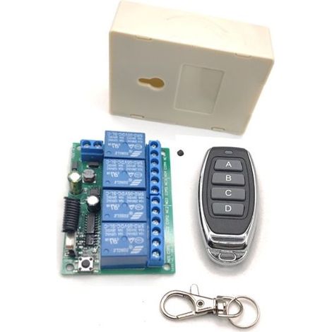 Commutateur de télécommande sans fil DC 12V 24V 4CH, récepteur de relais radiofréquence DC 6-30V 10A 4 canaux 433Mhz avec 2 émetteurs RF, pour lumières, porte de garage, moteur, auvent (1/4)