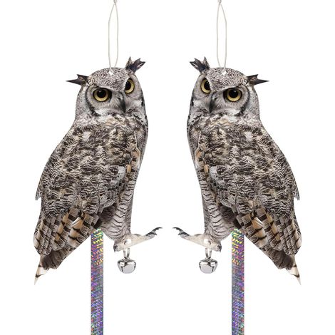 Lot de 2 Répulseurs Oiseaux Hibou Plastique Bande Réflective Corde Cloche Jardin Balcon Toit