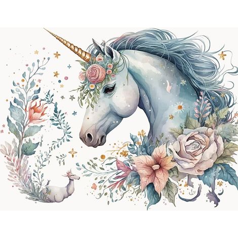 Papier peint panoramique Enfants - Licorne fleurs - 130 cm x 102 cm (1/2)