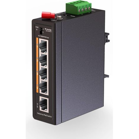 Switch Industriel 5 Ports PoE+ sur Rail DIN, 4 Ports PoE+ IEEE802.3af/at, 1 Liaison Montante, Fast Ethernet 10/100 Mbps, Rail DIN et Montage Mural Inclus (1/5)
