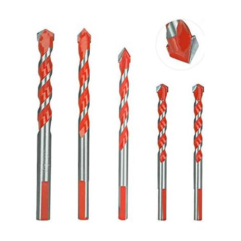 LEMROE forets de maçonnerie multifonctionnels à pointe en carbure pour carrelage béton brique 6 mm 8 mm 10 12 mm Lot de 5 Bois Verre Rouge (1/4)
