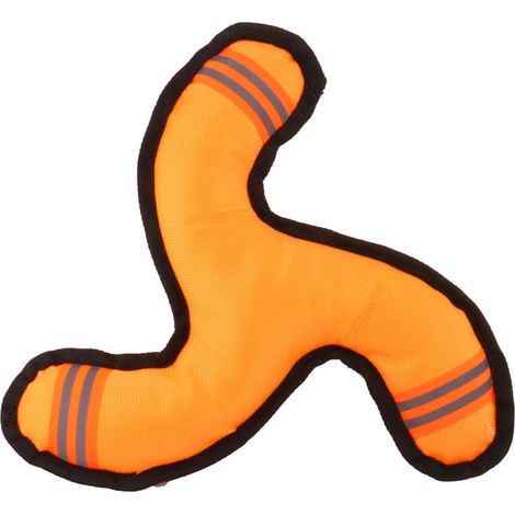 Giocattolo da masticare per cani in tessuto arancione con strisce riflettenti e fischietto. (1/5)