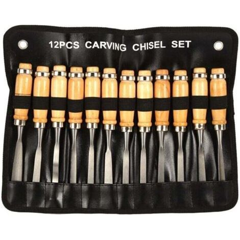 Ensemble de Gouge de sculpture à la main, ensemble d'outils de ciseau à main de sculpture sur bois 12 pièces Gouges professionnelles pour les amateurs de bricolage à bois débutants (1/4)