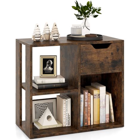 COSTWAY 3-Cube Bookcase 2-tier Wooden Storage Shelf w/ Drawer-Coffee (1/5)