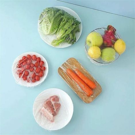 100PCS couvercles alimentaires transparent plastique éLastiques couvercle alimentaire extensible film etirable alimentaire reutili (1/5)