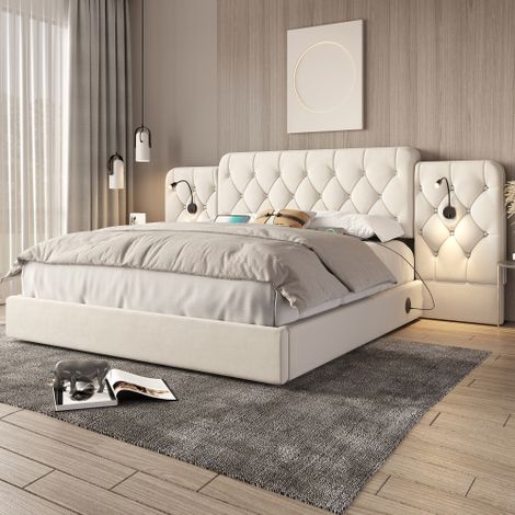 Struttura letto con testiera alta, elegante rivestimento in velluto, stile europeo, porte USB multiple, lampada da scrivania, sistema idraulico, ampio vano contenitore sotto il letto, 180 x 200 cm, be
