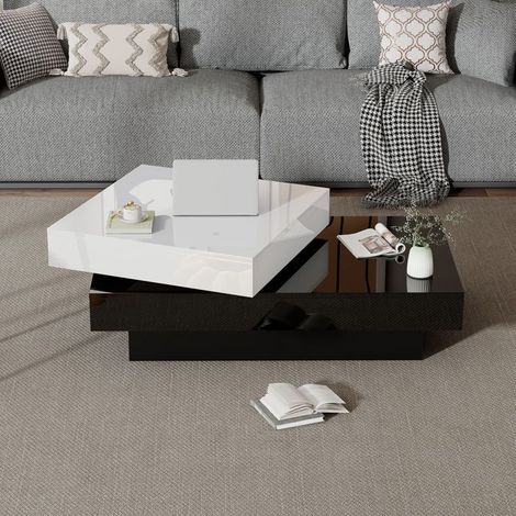 Table basse - SOGEU - Modèle moderne et épuré - Plateau rotatif 103x60x35,5 cm - Blanc/Noir - Brillant (1/5)