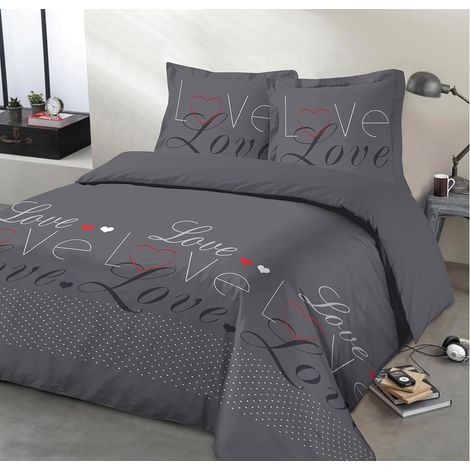 Parure de lit Love - 100% Coton - Anthracite - Set de Housse de Couette 260x240 cm avec 2 taies d'oreiller pour lit Kingsize 2 Personnes - Fibres Naturelles - Certifié Oeko-Tex (1/5)