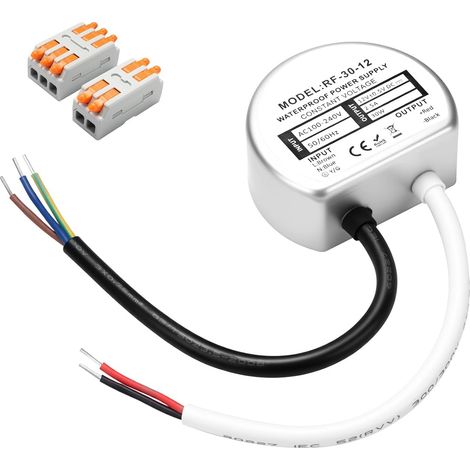 Transformateur LED 12V 30W, IP67 Étanche LED Transfo 2.5A, Rond Ø57mm, Alimentation avec 2 Connecteurs pour Ruban, Spots, Éclairage Extérieu (1/5)