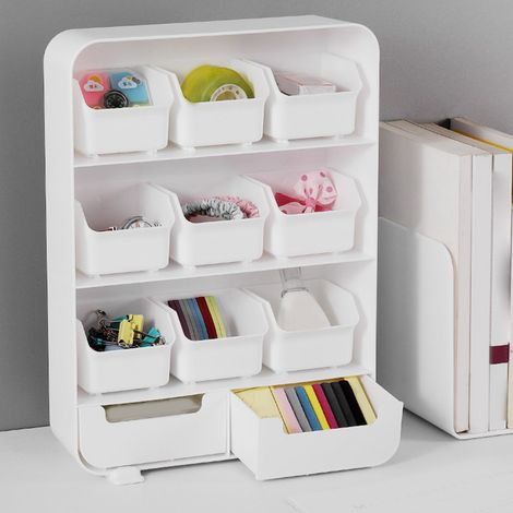 Boîte de rangement de bureau avec plusieurs tiroirs pour petits objets, étagère à plusieurs niveaux pour fournitures de bureau et cosmétiques pour les dortoirs étudiants, 11 compartiments. (1/5)