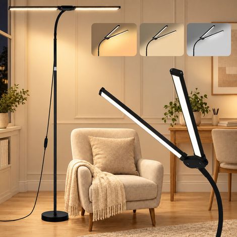 ROSNEK Lampadaire LED double tête 18 W, 3 températures de couleur, 10 niveaux de luminosité, col de cygne 360°, hauteur réglable, Noir (1/5)