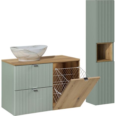 Mueble tocador individual de 90 cm con cesto para ropa sucia y columna verde jade y madera