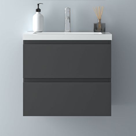 60 cm Badmöbel Set Unterschrank 2 Schubladen Anthrazit Matt soft close Badezimmer Badezimmermöbel Selbstmontierter Unterschrank mit Weiß Mineralguss waschtisch (1/5)