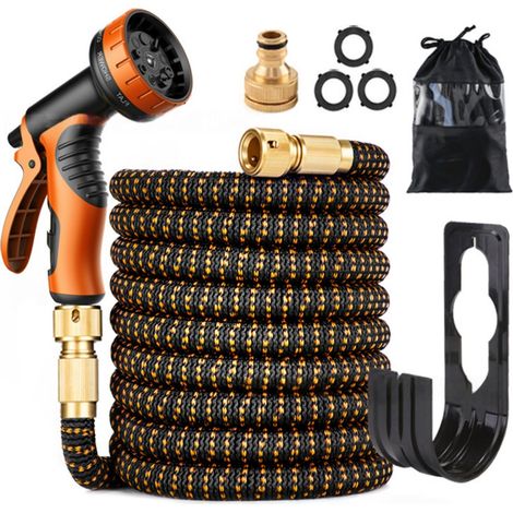 Tuyau d'arrosage 30m, Tuyau d’arrosage Extensible avec 1/2" et 3/4" (19mm et 13mm) Adaptateurs, 10 Modes d'Arrosage, Latex Triple Épaisseur Durable avec Raccords en Laiton et Sac, Orange (1/5)
