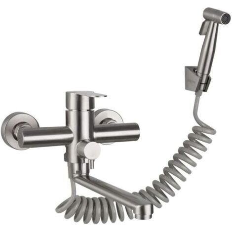 Mitigeur de cuisine robinet mural avec douchette, avec pistolet, évier de cuisine, robinet en acier inoxydable, eau chaude/froide, bac à linge, rotatif (1/5)