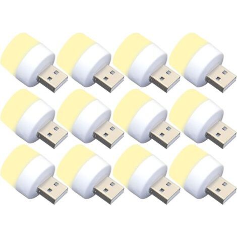 Lot de 12 mini ampoules LED USB de nuit, sans capteur de lumière, blanc chaud, compactes, idéales pour chambre à coucher, salle de bain, cuisine, voiture