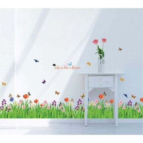 Wandtattoos mit grünem Gras, Blumen und Schmetterlingen, Dekorative Wandaufkleber für Ecken, Kinderzimmer, Fußleisten, Wohnzimmer