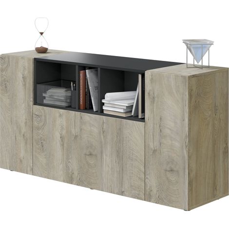 Credenza soggiorno 150x41x76 cm con 3 ante e 3 vani rovere e grigio antracite – Mineo (1/5)