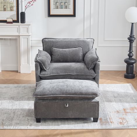 Sessel mit Aufbewahrungshocker, Breite Sitzfläche mit Seitentaschen und Gepolstertem Kissen, Chenille, Grau