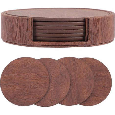 Lot de 1 sous-verre en cuir avec support, sous-verre rond imitation bois-11x11CM-Light Brown (1/3)