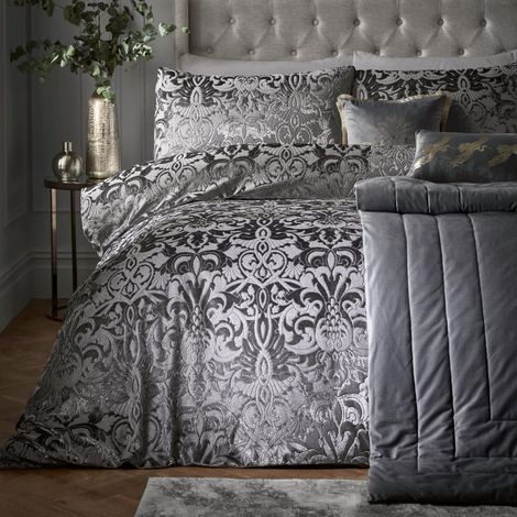 Housse de Couette damassé gaufré Gris Ardoise 200 x 200 cm 2 taies d'oreiller Literie damassé en Velours Gris Parure de lit Jacquard (1/4)