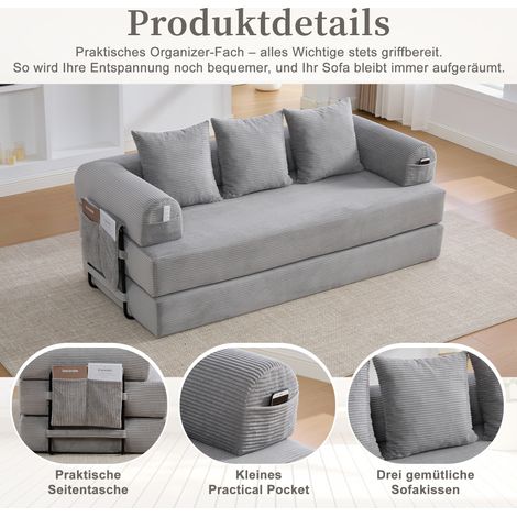 Canapé convertible compact en métal résistant, rangement sous assise, poches de côté, 3 coussins inclus. Module lounge modulable pour chambre ou séjour, tissu gris clair, design contemporain. (1/5)