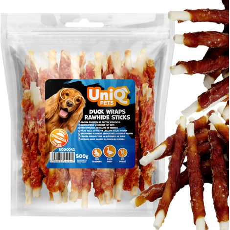 Golosinas de cuero crudo para perros Uniq Pets, 500 g, pato envuelto en un palito de carne. (1/5)