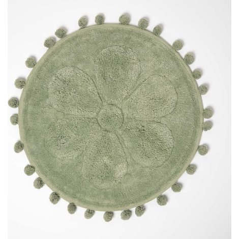 HOMESCAPES Runde Badematte Blume, 60 cm - Badvorleger salbeigrün mit Pompons