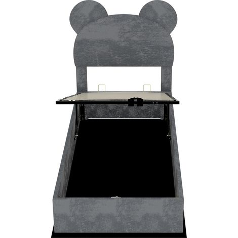Polsterbett 90x200 cm Grau mit Cartoon-Kopfteil, Stauraum und Gasdruckfeder (1/5)