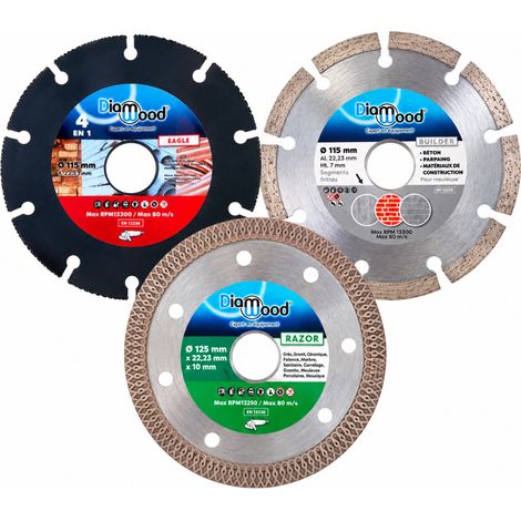 DIAMWOOD - Pack 3 Disques Diamant 115 mm - RAZOR Grès Cérame Marbre, BUILDER Béton Parpaings, EAGLE Carbure Bois Plastique Plâtre - Al. 22,23 mm - Meuleuse 115 mm (1/5)