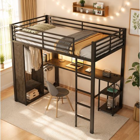Lit mezzanine enfant 90 x 200 cm en métal et MDF, avec bureau, étagères, armoire ouverte, bandeau LED réglable et prise USB, noir, sans matelas – pour chambre d'enfant CHICFURN (1/5)