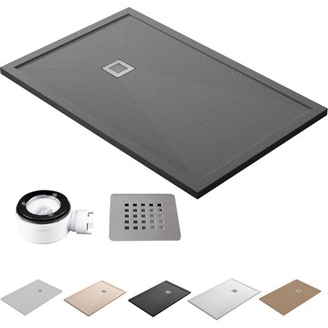Plato de Ducha de Resina con Borde Extraplano Antideslizante Incluye Valvula y Rejilla Color Gris Cemento 80x80 cm