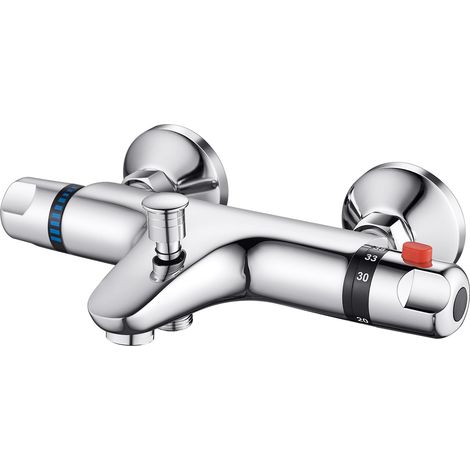 Thermostatischer Duschmischer/Wasserhahn aus Messing, mit 38℃-Sicherheitsknopf, Badewannenarmatur mit 2 Wasserauslässen, Chrom (1/5)