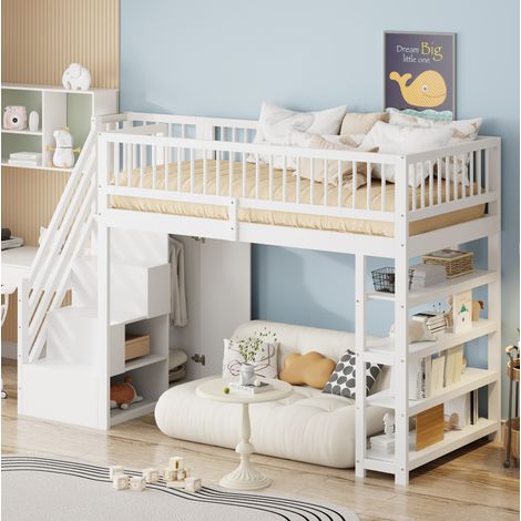 Cama alta 90x200 cm blanca de madera, con armario y estanterias (1/5)