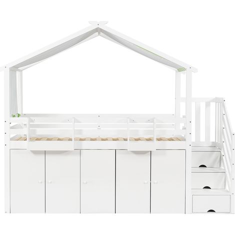 Lit superposé pour enfants 90x200 cm, avec dispositif de retenue, 1 armoire et 2 casiers, 3 casiers dans l'escalier, pin + mdf + liège, blanc + vert (1/5)