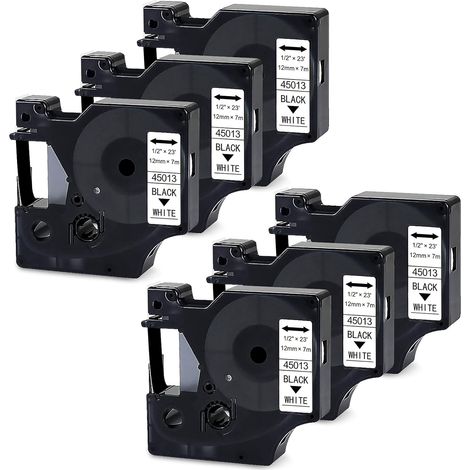 Ruban pour étiqueteuse - 12 mm x 7 m - Noir sur blanc - Compatible Dymo D1 - Pour LabelManager 100 à 500TS - Lot de 6 (1/5)