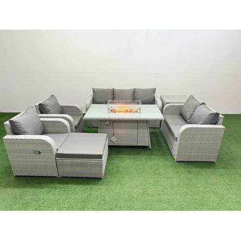 Fimous PE Rattan Garden Furniture Set Reclining Chair Sofa Double Love Seat 2 Seater Sofa Lounge Set Firepit Dining Table Big Footstool Side Table Light Grey (1/4)