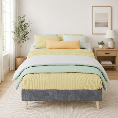 Cama 90x200 cm gris de tela terciopelo holandés, base baja, sin cabecero DESVIAE (1/5)
