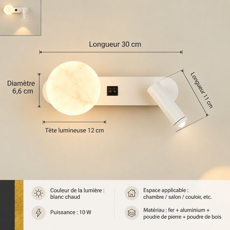Applique Murale LED Orientable Tête de Lit Spot de Lecture Blanc Lumière Chaude 30 × 6,6 × 4 cm 300 g – Livraison gratuite