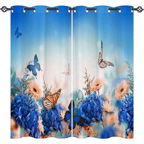 Rideau Occultant Jaune Bleu Fleur Papillon Tenture Opaque à Oeillets Draperies Intérieurs Rideau Thermique Isolant pour Maison Chambre Salon Fenetre 2 Pièces L 107 x H 160 cm - 107L X 160H cm (2 Panne (1/5)
