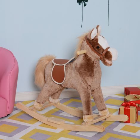 Caballo balancín vaquero con silla de montar cómoda para niños de 36 meses en adelante, suave y de felpa corta, madera de álamo, capacidad de carga de 40 kg, marrón y blanco. (1/5)